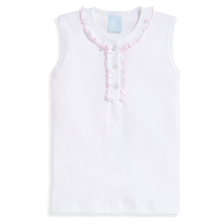 Sleeveless Ruffle Pima Tee- White with Pink