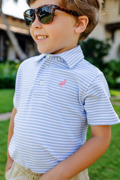 Prim and Proper Polo-SS- Beale Street Blue Stripe/Parrot Cay Stork- Pima