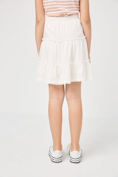 Crochet Hem Tiered Ruffle Skirt -Off White