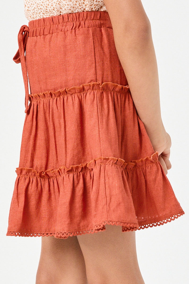 Crochet Hem Tiered Ruffle Skirt -Rust