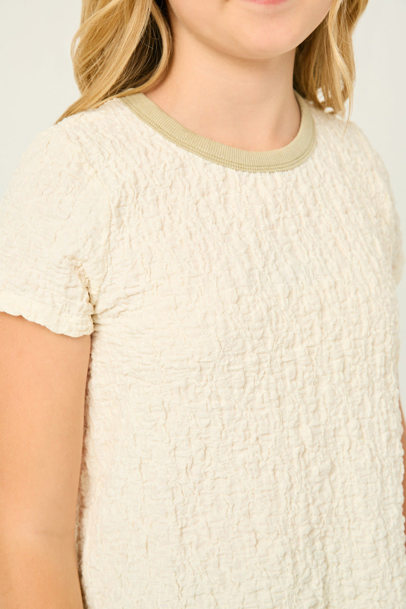 Textured Contrast Band Tee -Ivory