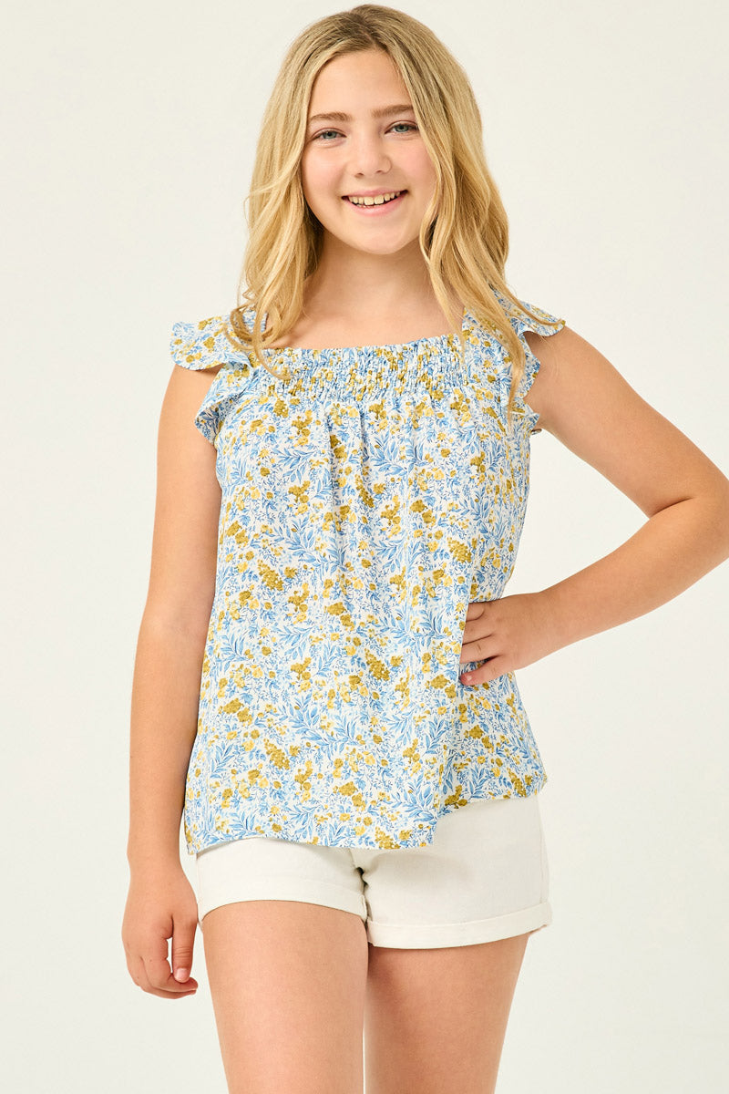 Girls Floral Flutter Sleeve Smocked Top