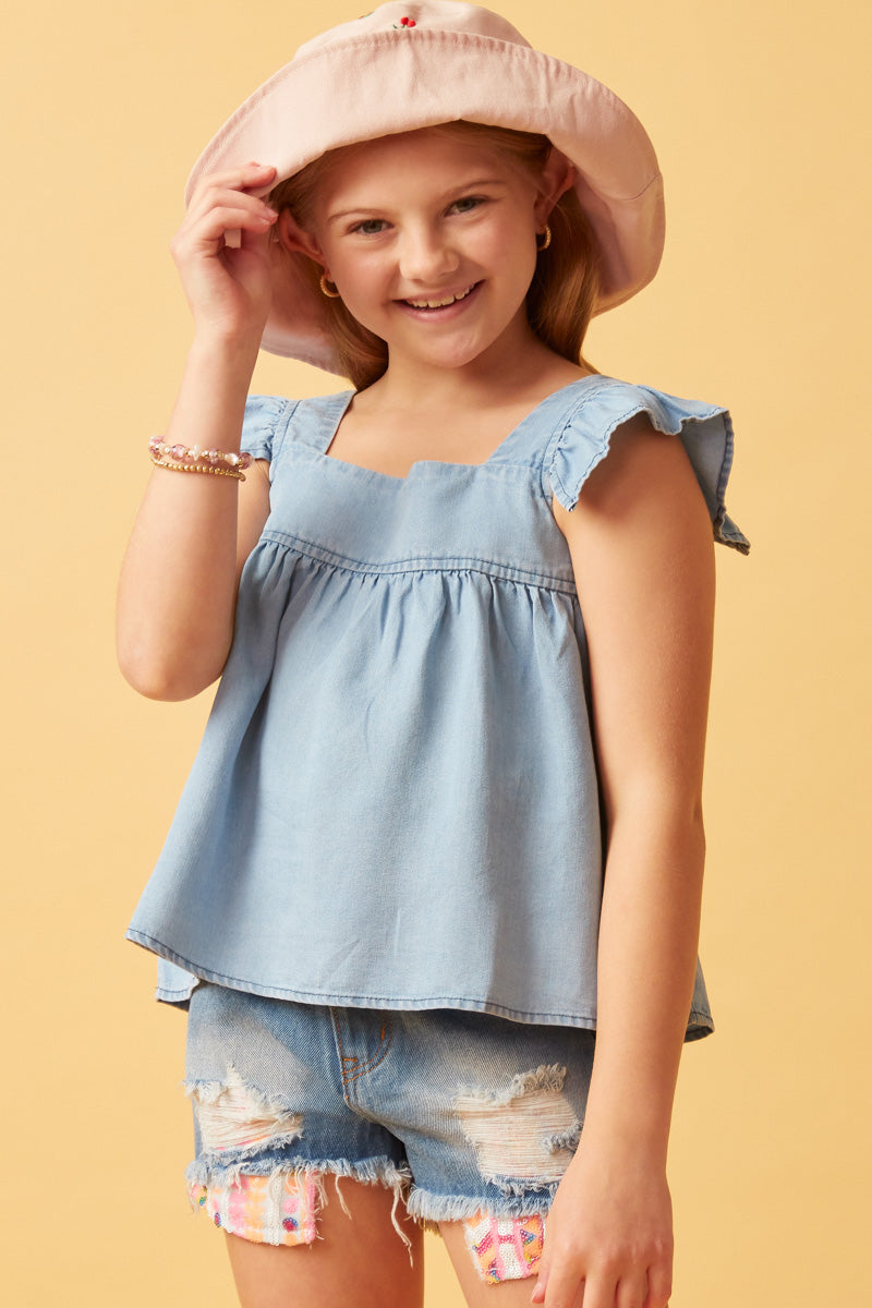 Tencel Square Neck Ruffle Light Denim Top