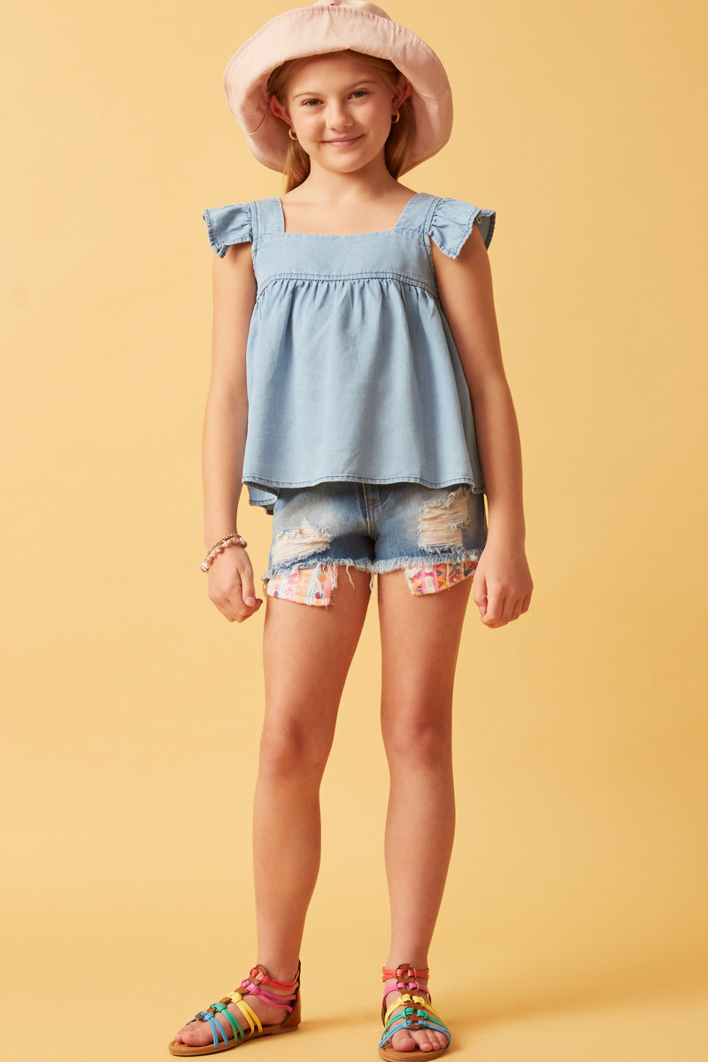 Tencel Square Neck Ruffle Light Denim Top