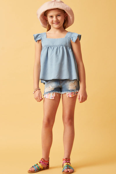 Tencel Square Neck Ruffle Light Denim Top