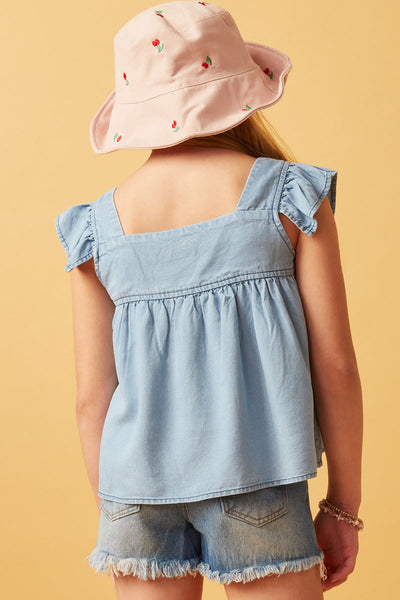 Tencel Square Neck Ruffle Light Denim Top