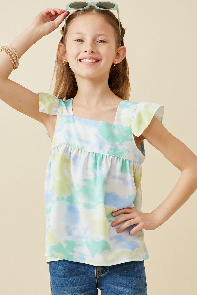 Cloudy Tie Dye Print Flutter Top