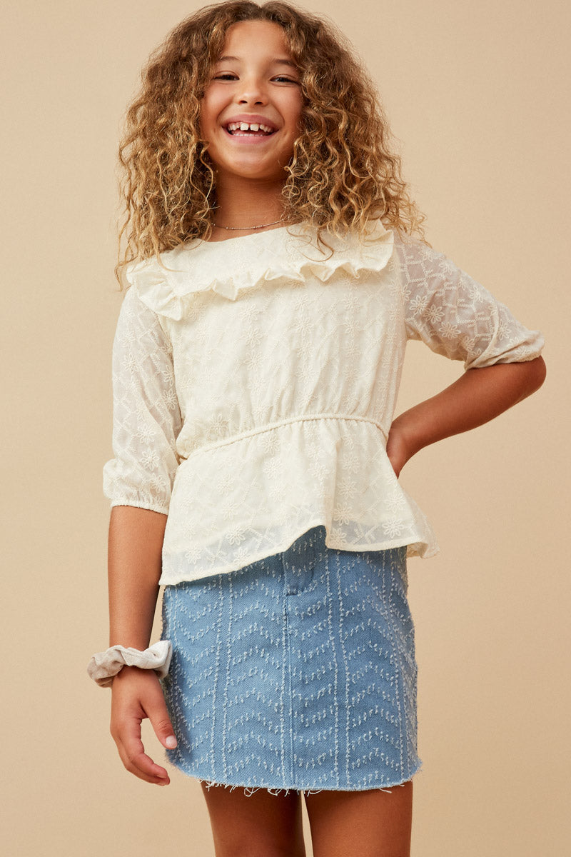 Floral Embroidered Ruffled Peplum Top - Natural