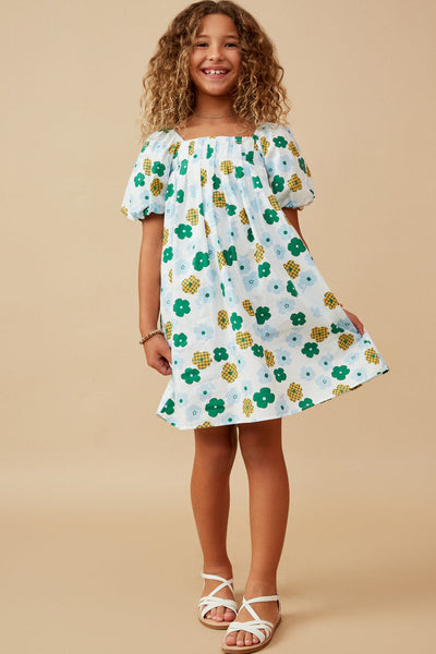 Abstract Floral Puff Sleeve Dress