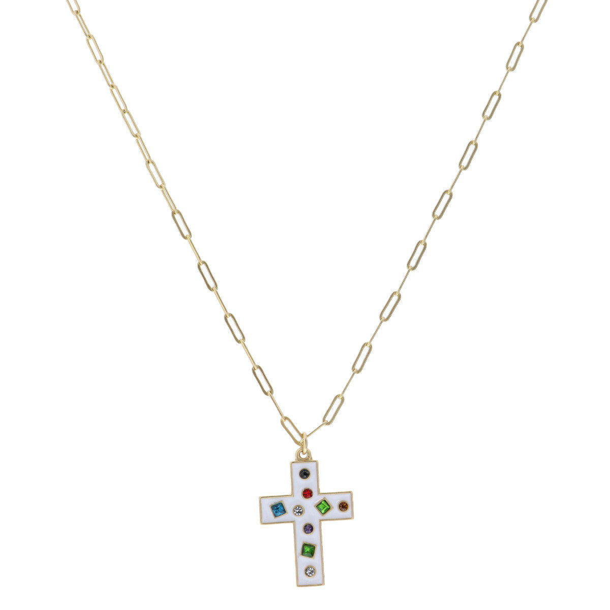 Kids 14" White Cross with Multi Crystals Necklace