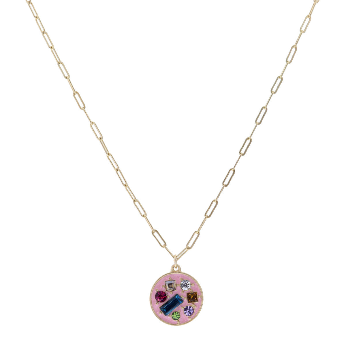 Kids 14" Pink Circle with Multi Crystals Necklace