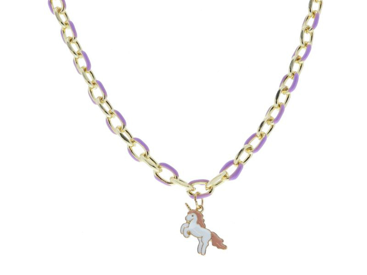 Kids Lavender Enamel Chain & White/Pink Enamel Unicorn Necklace