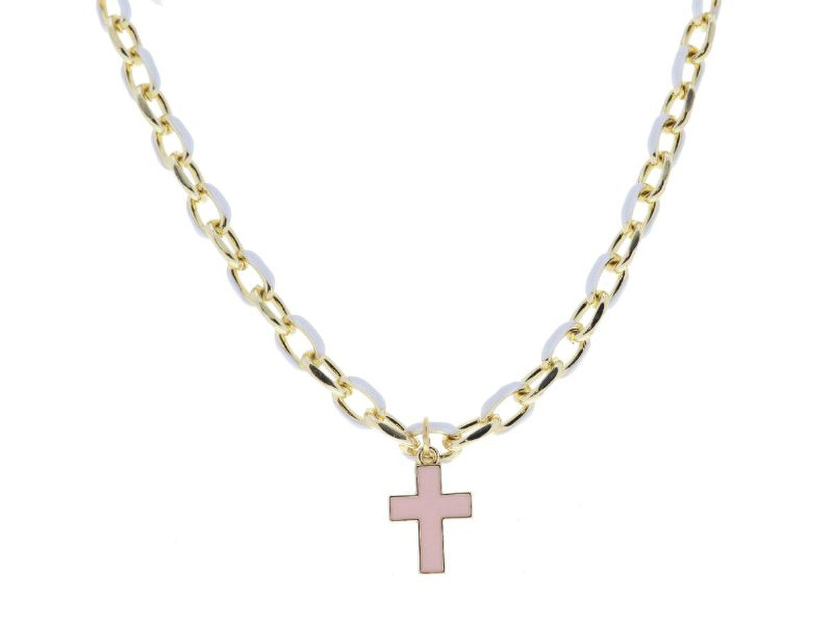 Kids White Enamel Chain & Light Pink Enamel Cross Necklace