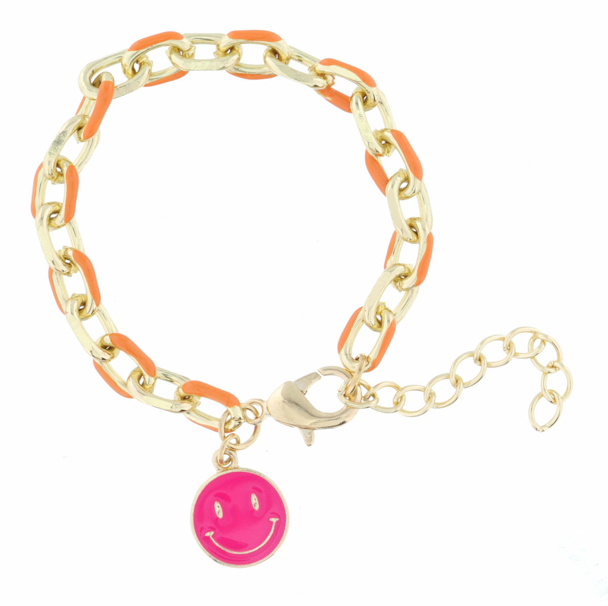 Kids Orange Enamel Chain & Hot Pink Enamel Happy Face Bracelet