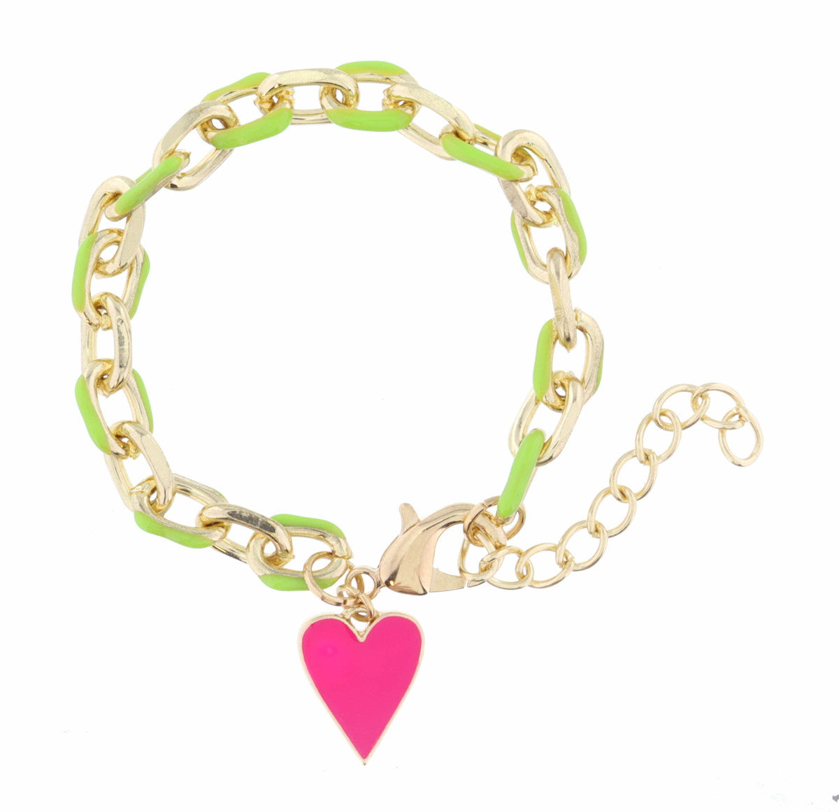 Kids Lime Green Enamel Chain & Hot Pink Enamel Heart Bracelet