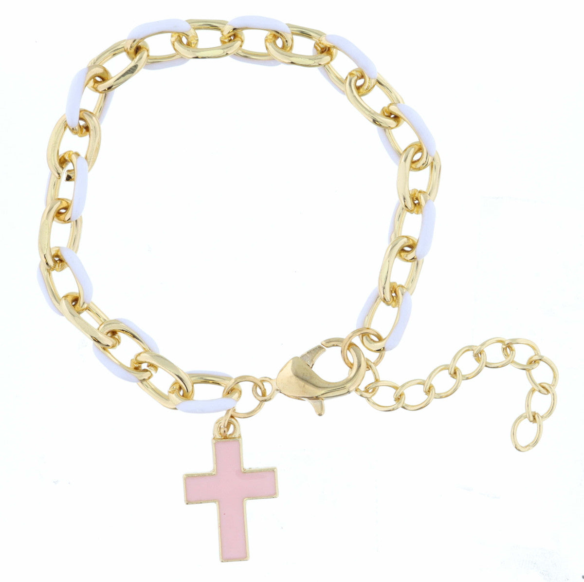 Kids White Enamel Chain & Light Pink Enamel Cross Bracelet