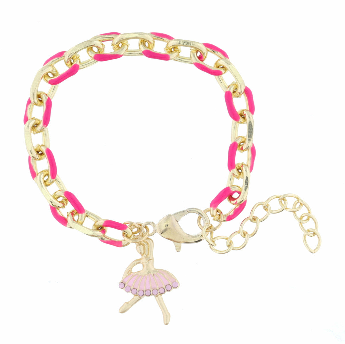 Kids Hot Pink Enamel Chain & Gold Ballerina w/Pink Enamel & Pink Crystal Tutu Bracelet
