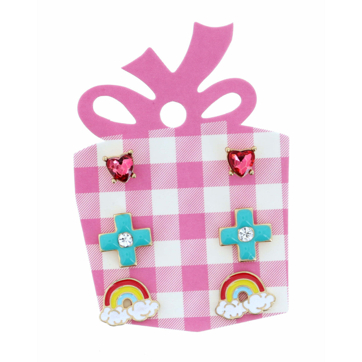 Kids Pink Heart, Turquoise Cross, Rainbow Earrings Set