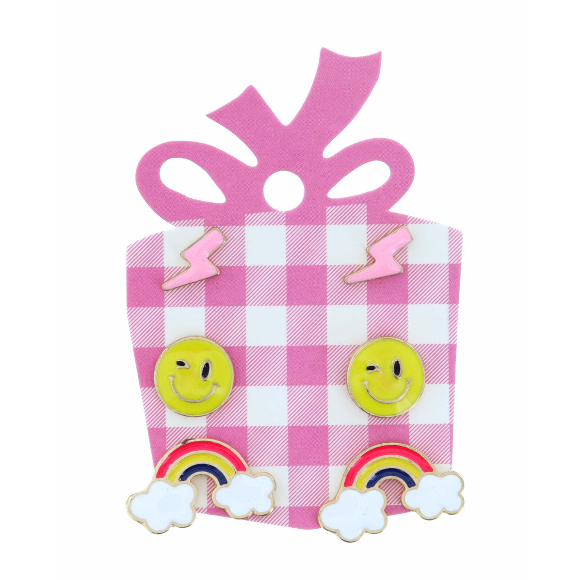 Kids Pink Lightning Bolt, Happy Face, Rainbow Earrings Set
