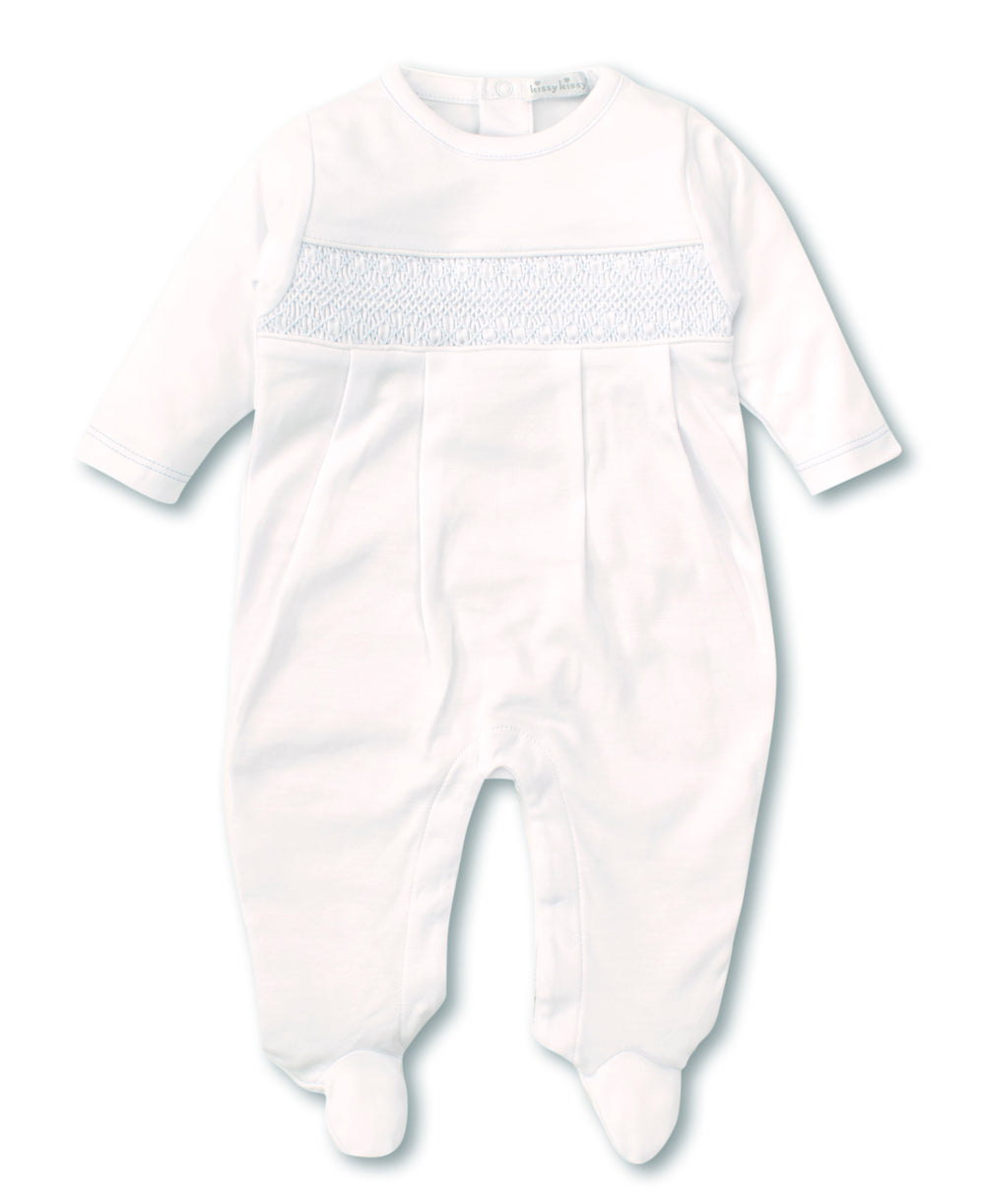 Kissy Footie with Hand Smocking- White/Lt Blue