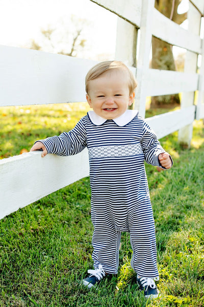 Samuel Smocked Romper-Nantucket Navy Stripe