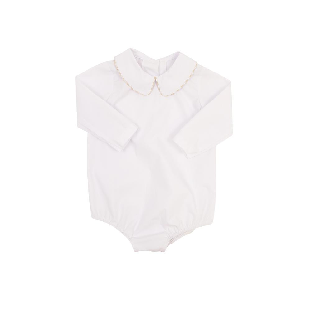 Peter Pan Collar Onesie (LS Woven) - White with Khaki Gingham Trim