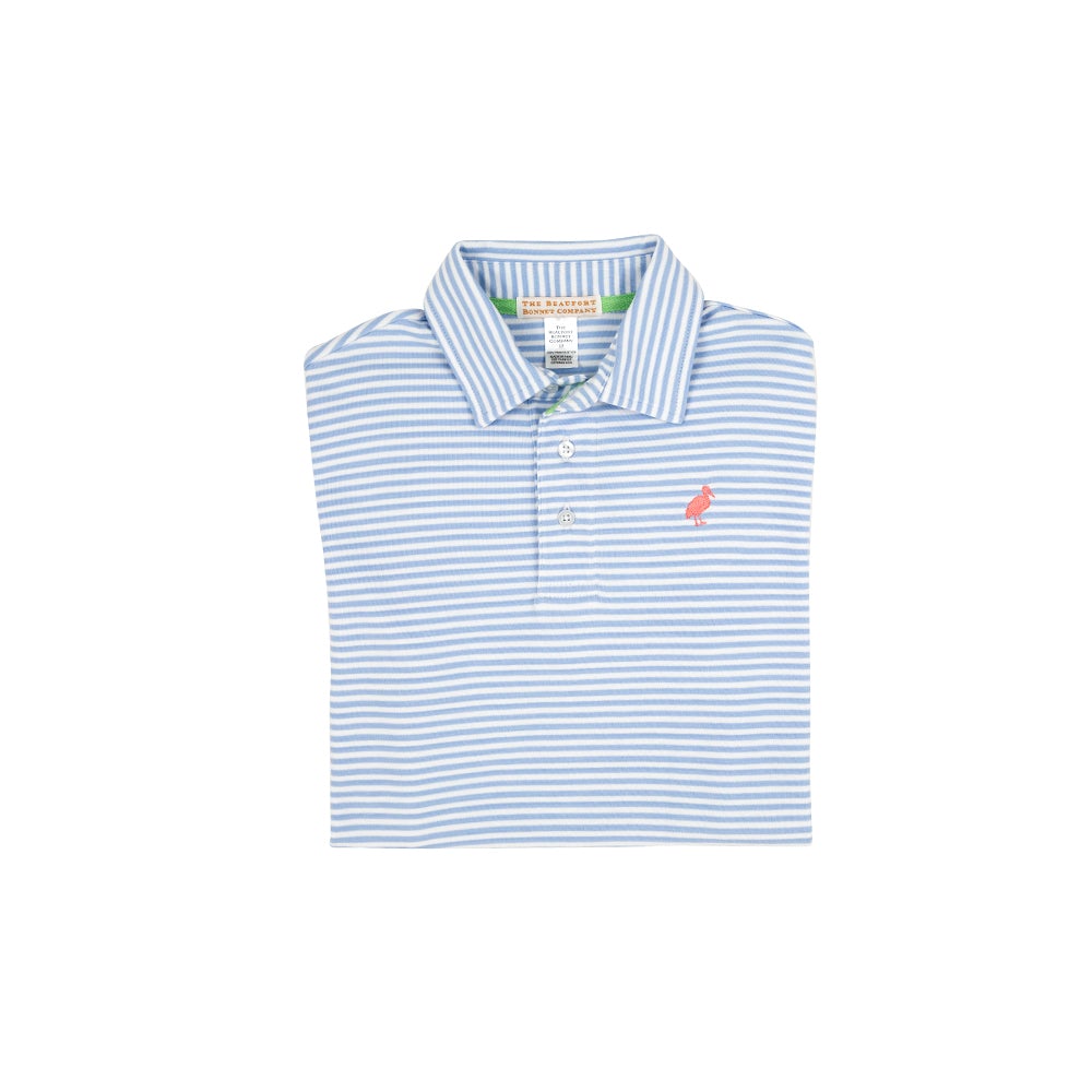 Prim and Proper Polo-SS- Beale Street Blue Stripe/Parrot Cay Stork- Pima