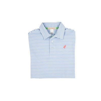 Prim and Proper Polo-SS- Beale Street Blue Stripe/Parrot Cay Stork- Pima
