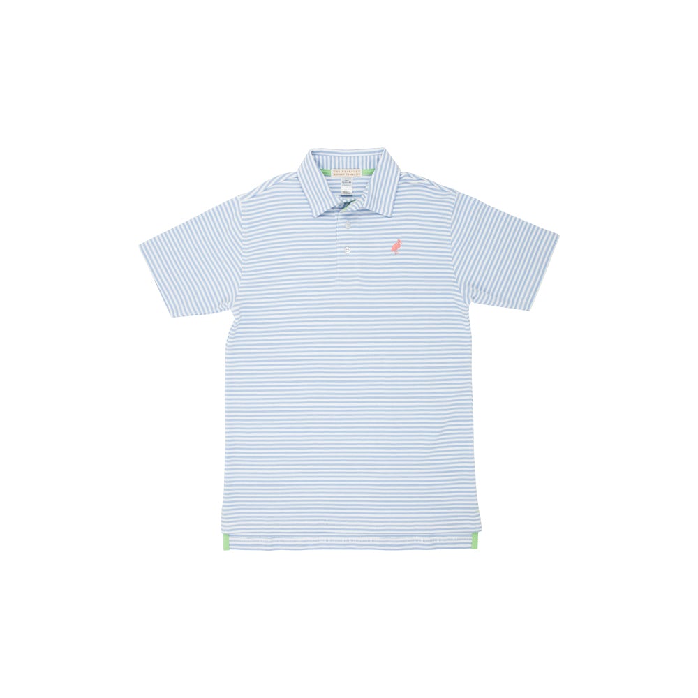 Prim and Proper Polo-SS- Beale Street Blue Stripe/Parrot Cay Stork- Pima
