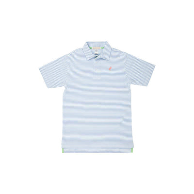 Prim and Proper Polo-SS- Beale Street Blue Stripe/Parrot Cay Stork- Pima