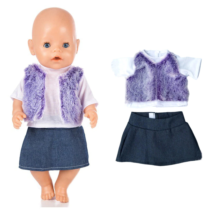 18" Doll Purple Fur Vest, Denim Skirt, White Top