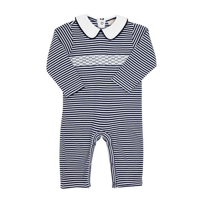 Samuel Smocked Romper-Nantucket Navy Stripe