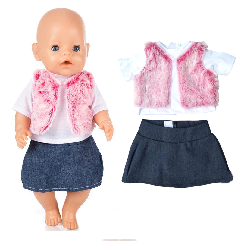 18" Doll Pink Fur Vest, Denim Skirt, White Top