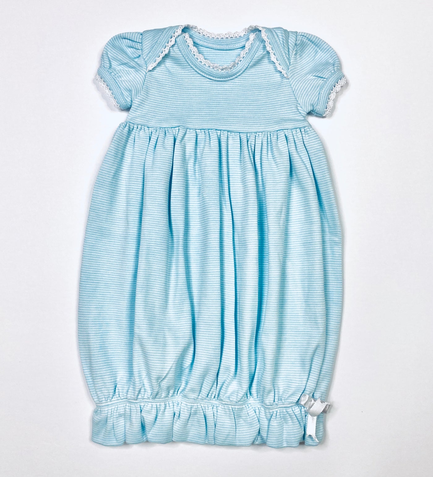 Lap Shoulder Gown - SS - Turquoise Stripe w/ Wh Crochet Trim