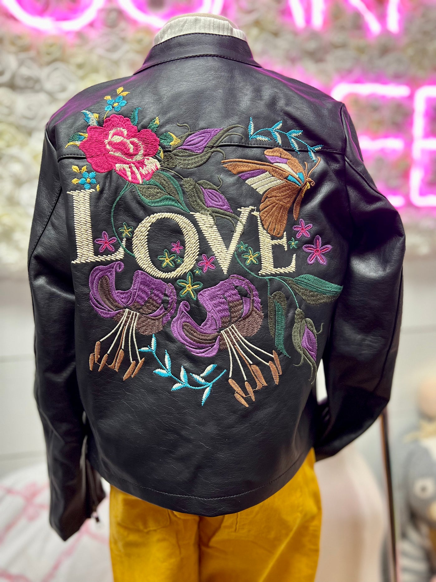 Faux Leather Moto Jacket w/Embroidery Detail