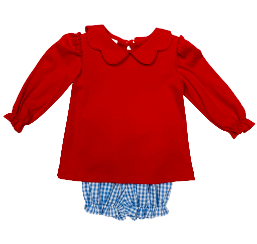 Knit Scalloped Collar Red Shirt/Blue Gingham Bloomers