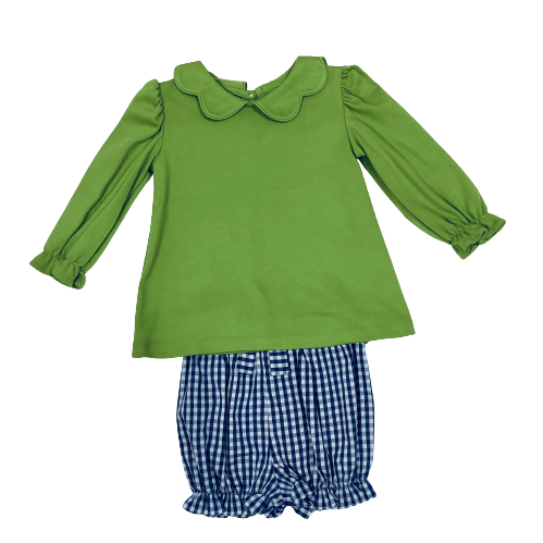 Knit Scalloped Collar Green Shirt/Navy Gingham Bloomers