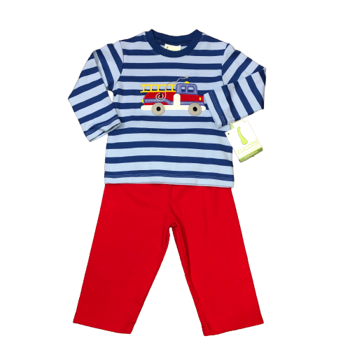 Blue Stripe Firetruck Tee & Red Knit Pants Set