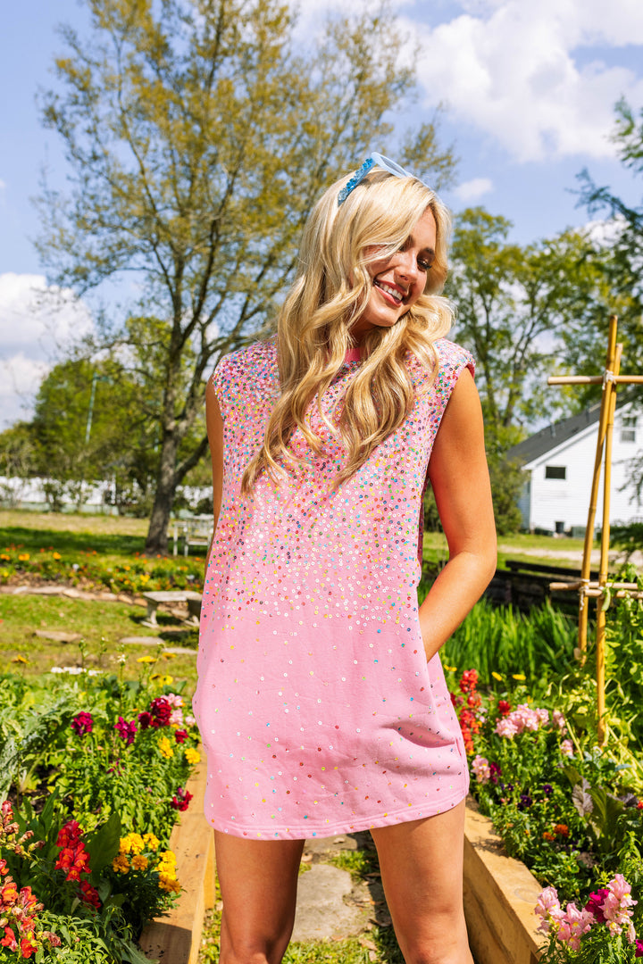 Kids Pink Sequin Scatter Shoulder Pad Dress